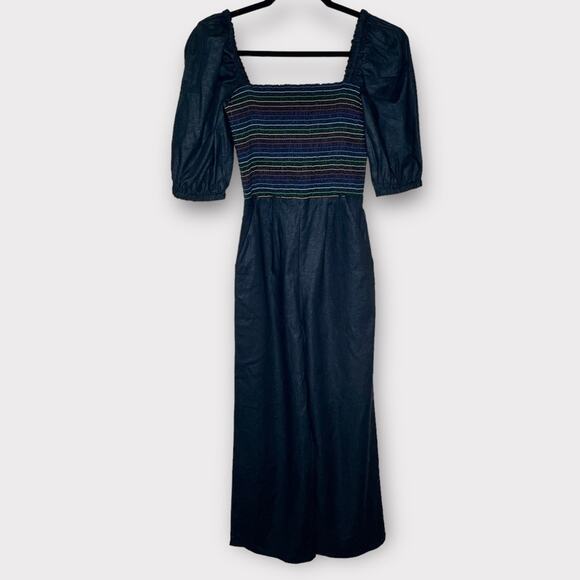SOMETHING NAVY Rainbow Smocked Linen Blend Jumpsuit Puff Sleeve Size XS - Picture 3 of 9